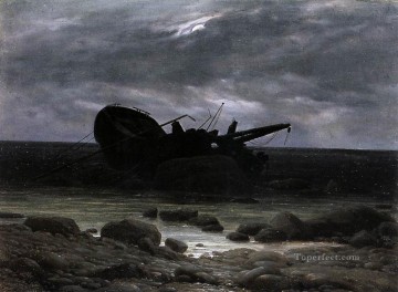  Moonlight Painting - Wreck In The Moonlight Romantic boat Caspar David Friedrich